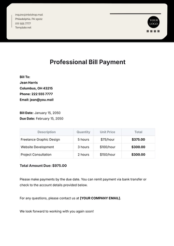 Free Professional Bill Payment Template to Edit Online