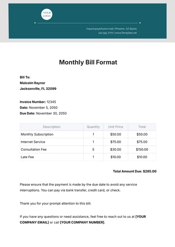 Free Monthly Bill Format Template to Edit Online