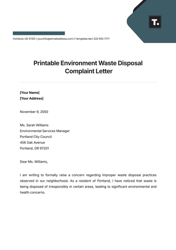 Free Printable Environment Waste Disposal Complaint Letter Template to Edit Online
