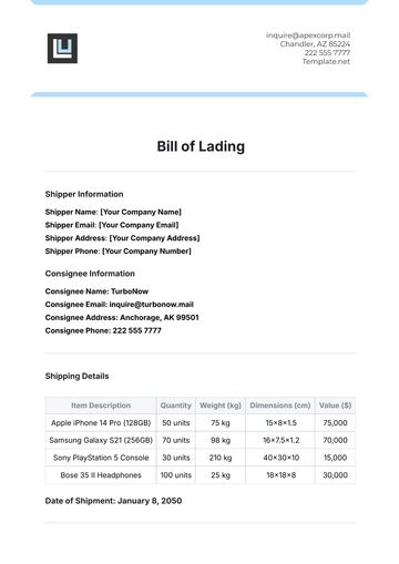 Free Bill of Lading Template to Edit Online