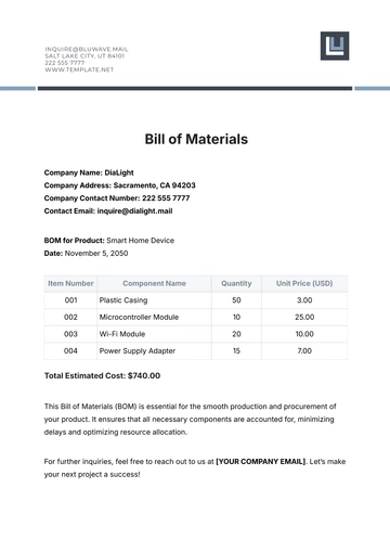 Free Bill of Materials Template to Edit Online