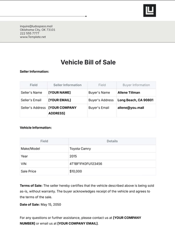 Free Vehicle Bill of Sale Template to Edit Online