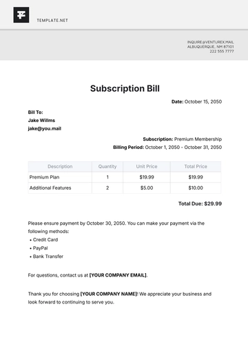 Free Subscription Bill Template to Edit Online