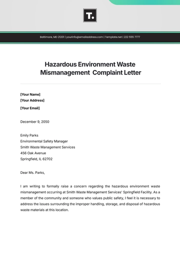 Free Hazardous Environment Waste Mismanagement  Complaint Letter Template to Edit Online