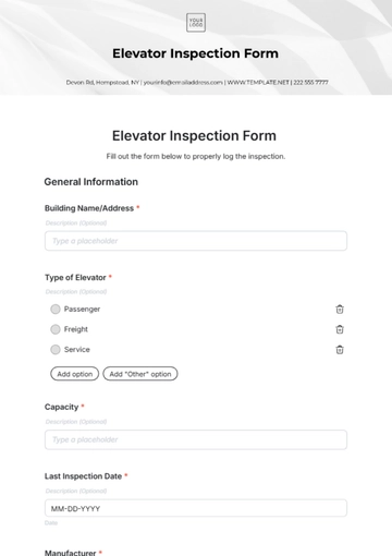 Free Elevator Inspection Form Template to Edit Online
