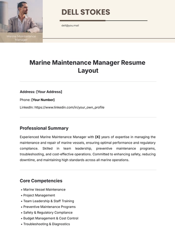 Free Marine Maintenance Manager Resume Layout Template to Edit Online
