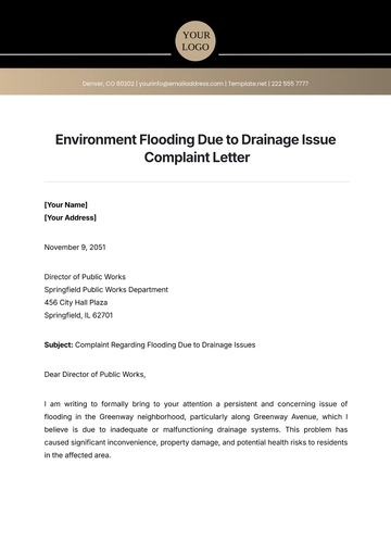 Free Environment Flooding Due to Drainage Issue Complaint Letter Template to Edit Online