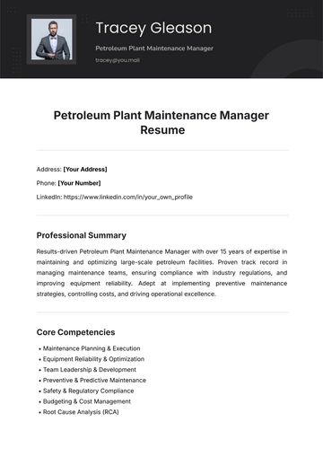 Free Petroleum Plant Maintenance Manager Resume Template to Edit Online
