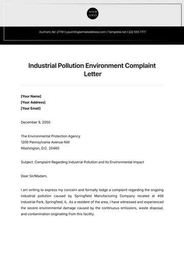 Free Industrial Pollution Environment Complaint Letter Template to Edit Online