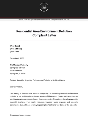 Free Residential Area Environment Pollution Complaint Letter Template to Edit Online