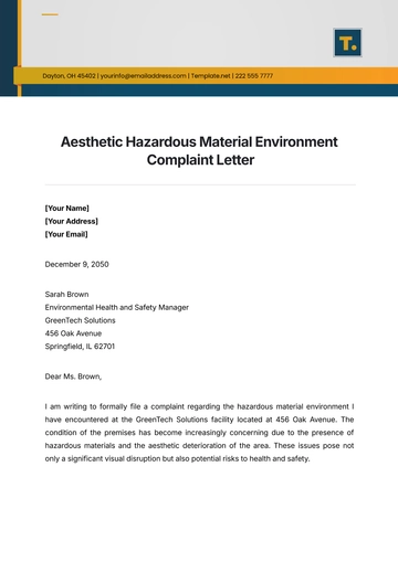 Free Aesthetic Hazardous Material Environment Complaint Letter Template to Edit Online