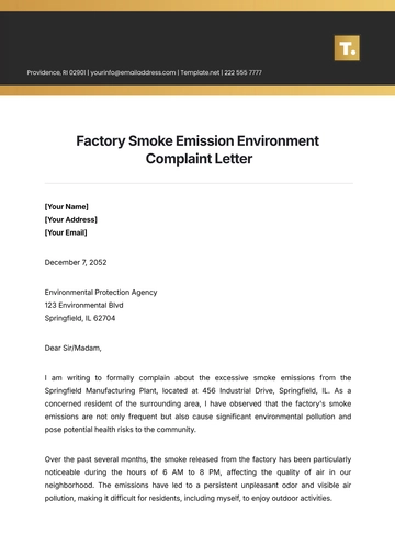 Free Factory Smoke Emission Environment Complaint Letter Template to Edit Online