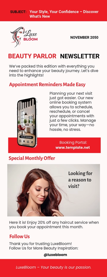 Free Beauty Parlor Email Newsletter Template to Edit Online