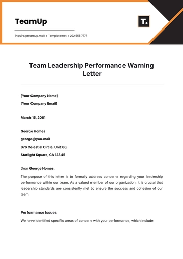 Free Team Leadership Performance Warning Letter Design Template to Edit Online