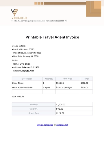 Free Printable Travel Agent Invoice Template to Edit Online