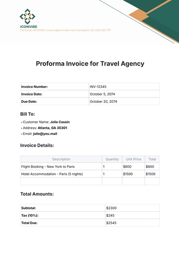 Free Proforma Invoice for Travel Agency Template to Edit Online