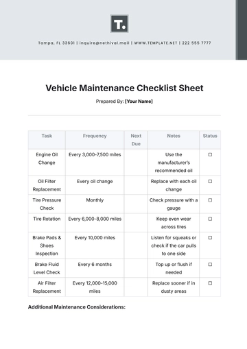 Free Vehicle Maintenance Checklist Sheet Template to Edit Online