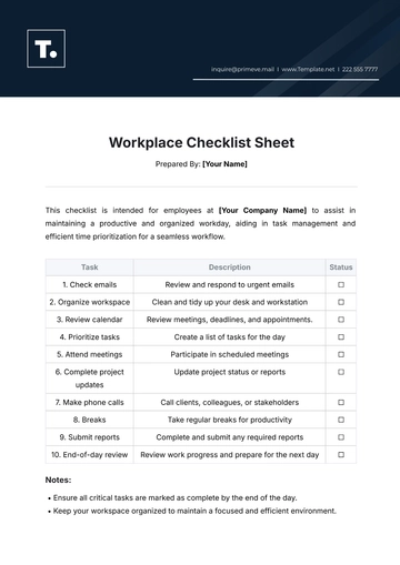Free Workplace Checklist Sheet Template to Edit Online