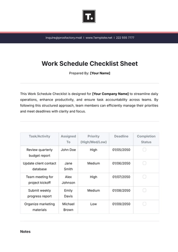 Free Work Schedule Checklist Sheet Template to Edit Online