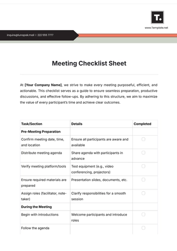 Free Meeting Checklist Sheet Template to Edit Online
