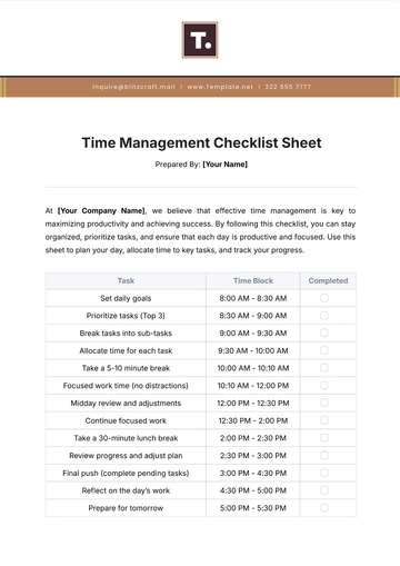 Free Time Management Checklist Sheet Template to Edit Online