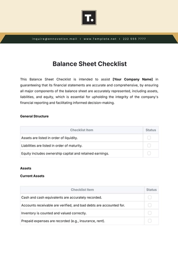 Free Balance Sheet Checklist Template to Edit Online