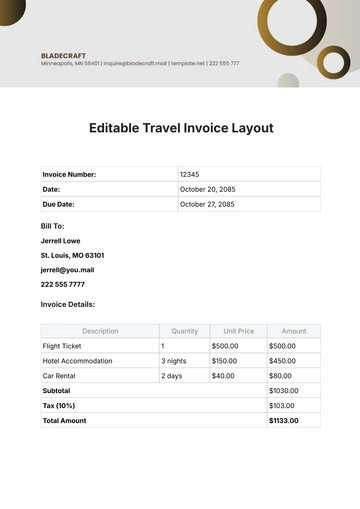 Free Editable Travel Invoice Layout Template to Edit Online