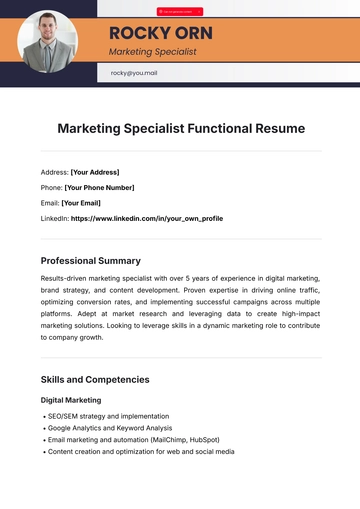 Free Marketing Specialist Functional Resume Template