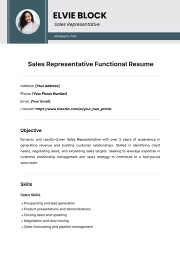 Free Sales Representative Functional Resume Template