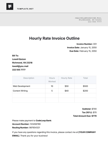 Free Hourly Rate Invoice Outline Template to Edit Online