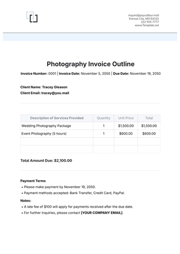 Free Photography Invoice Outline Template to Edit Online