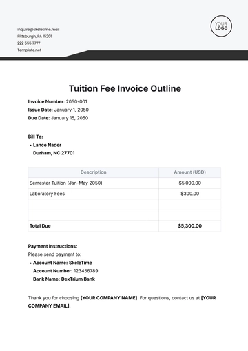 Free Tuition Fee Invoice Outline Template to Edit Online