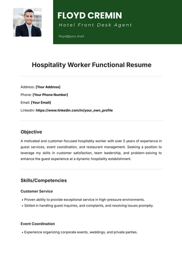 Free Hospitality Worker Functional Resume Template