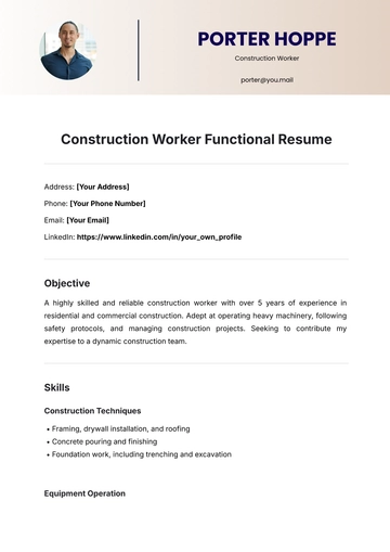 Free Construction Worker Functional Resume Template