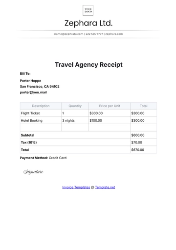 Free Travel Agency Receipt Template to Edit Online