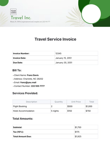 Free Travel Service Invoice Template to Edit Online