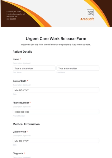 Free Urgent Care Work Release Form Template to Edit Online