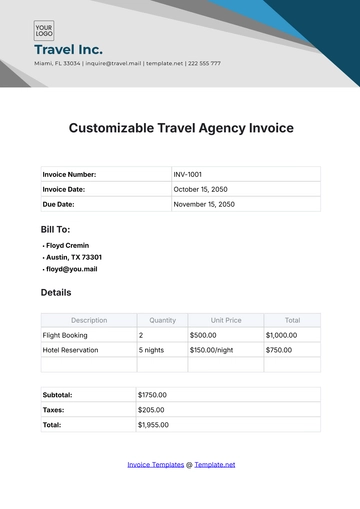 Free Customizable Travel Agency Invoice Template to Edit Online