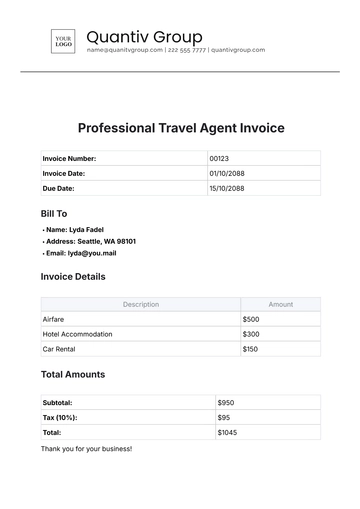 Free Professional Travel Agent Invoice Template to Edit Online