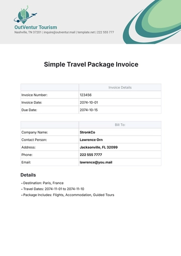 Free Simple Travel Package Invoice Template to Edit Online