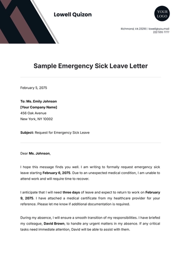 Free Sample Emergency Sick Leave Letter Template to Edit Online