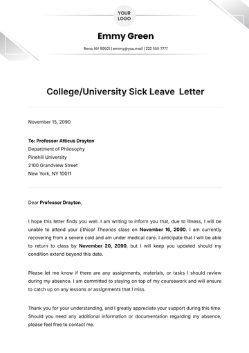Free College/University Sick Leave  Letter Template to Edit Online