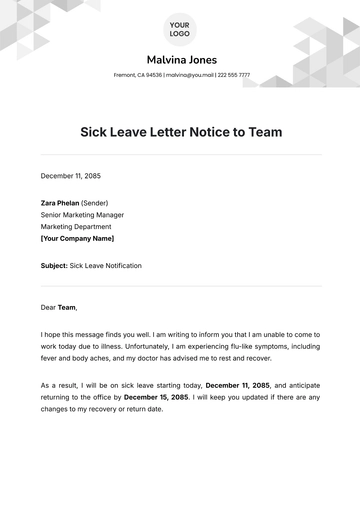 Free Sick Leave Letter Notice to Team Template to Edit Online