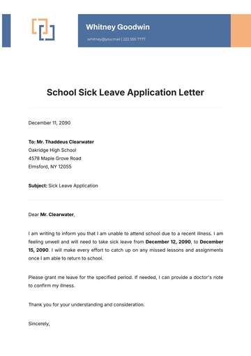 Free School Sick Leave Application Letter Template to Edit Online