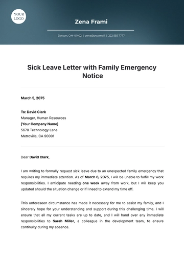 Free Sick Leave Letter with Family Emergency Notice Template to Edit Online
