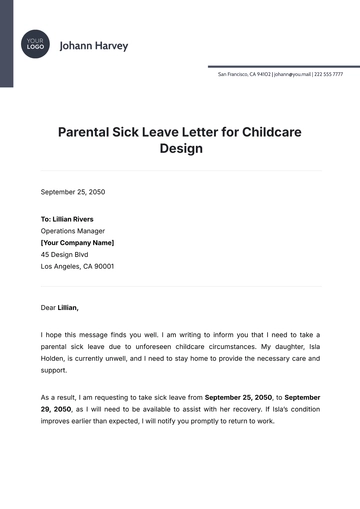 Free Parental Sick Leave Letter for Childcare Design Template to Edit Online