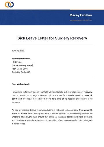 Free Sick Leave Letter for Surgery Recovery Template to Edit Online