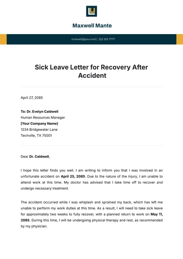 Free Sick Leave Letter for Recovery After Accident Template to Edit Online