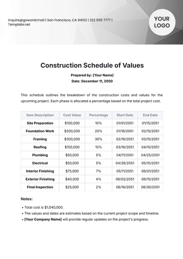 Free Construction Schedule of Values Template to Edit Online