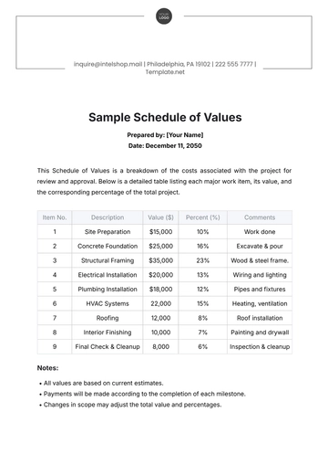 Free Sample Schedule of Values Template to Edit Online